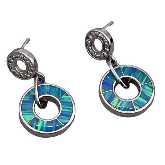 Havana 925 Sterling Silver Synthetic Opal Cubic Zirconia Dangle Hoop Earrings - Picture 1 of 8